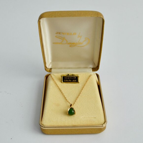 Vintage Gold Filled Genuine Jade Necklace with Box 16" Chain - Picture 1 of 5